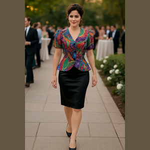 80s 2PC RIMINI COTTON MULTICOLOR PAISLEY SEQUIN ENCRUSTED PEPLUM TOP & BLK SKIRT